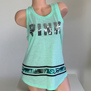 Victoria’s Secret PINK Tank Top Silver Sequin Bling Tropical Green Palms Fern S